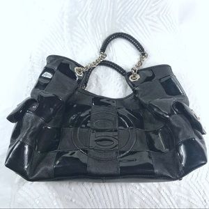 Bebe leather checkerboard patent mix satchel